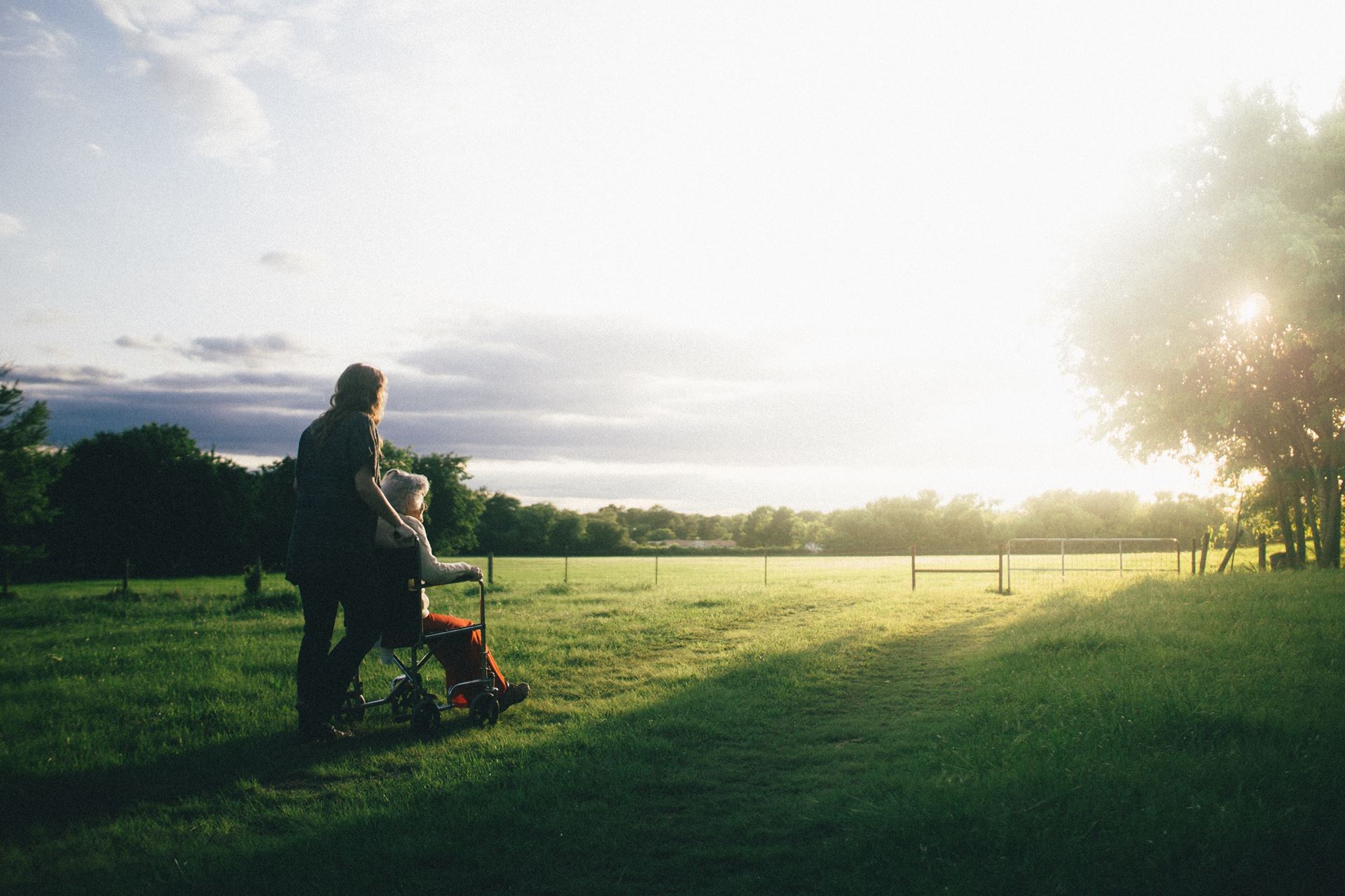 a person standing on a lush green field